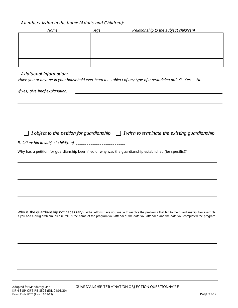 Form KRN SUP CRT PB8525 Guardianship Termination / Objection Questionnaire - County of Kern, California, Page 4
