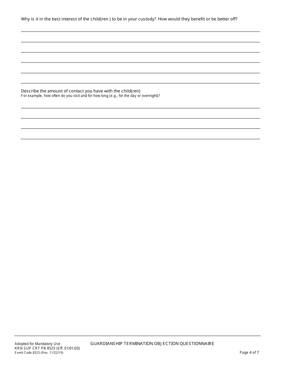 Form KRN SUP CRT PB8525 Guardianship Termination / Objection Questionnaire - County of Kern, California, Page 5