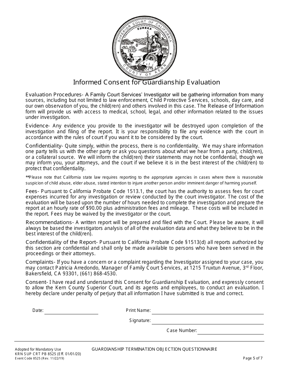 Form KRN SUP CRT PB8525 Guardianship Termination / Objection Questionnaire - County of Kern, California, Page 6