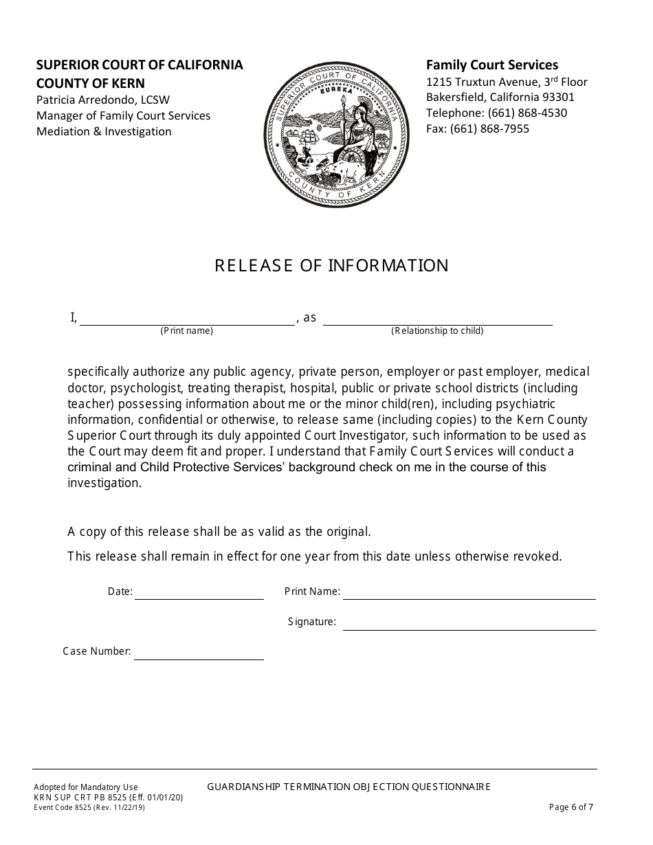 Form KRN SUP CRT PB8525 Guardianship Termination / Objection Questionnaire - County of Kern, California, Page 7