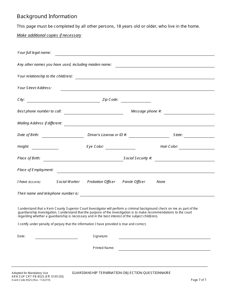 Form KRN SUP CRT PB8525 Guardianship Termination / Objection Questionnaire - County of Kern, California, Page 8