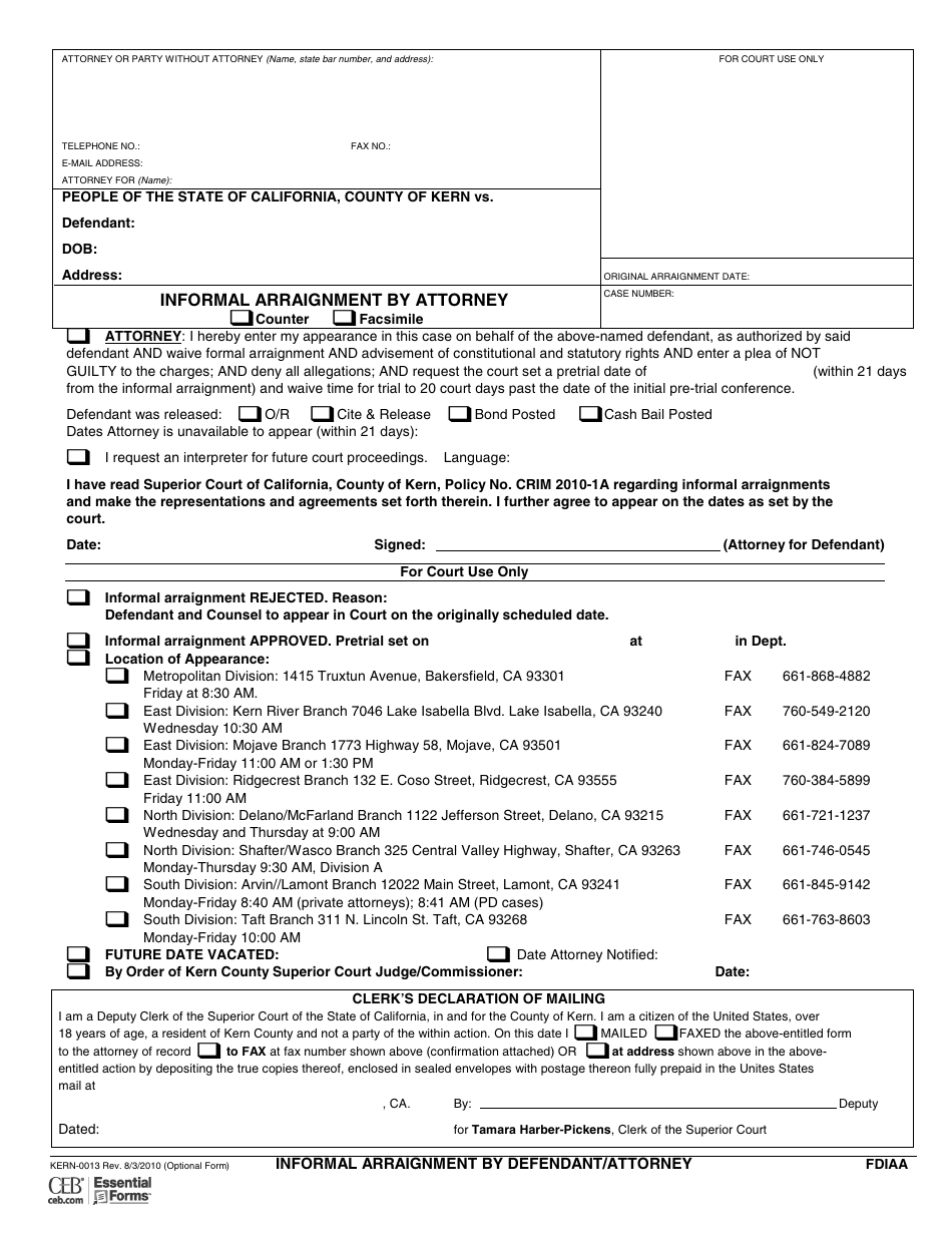 Form KERN-0013 Informal Arraignment by Defendant / Attorney - County of Kern, California, Page 1