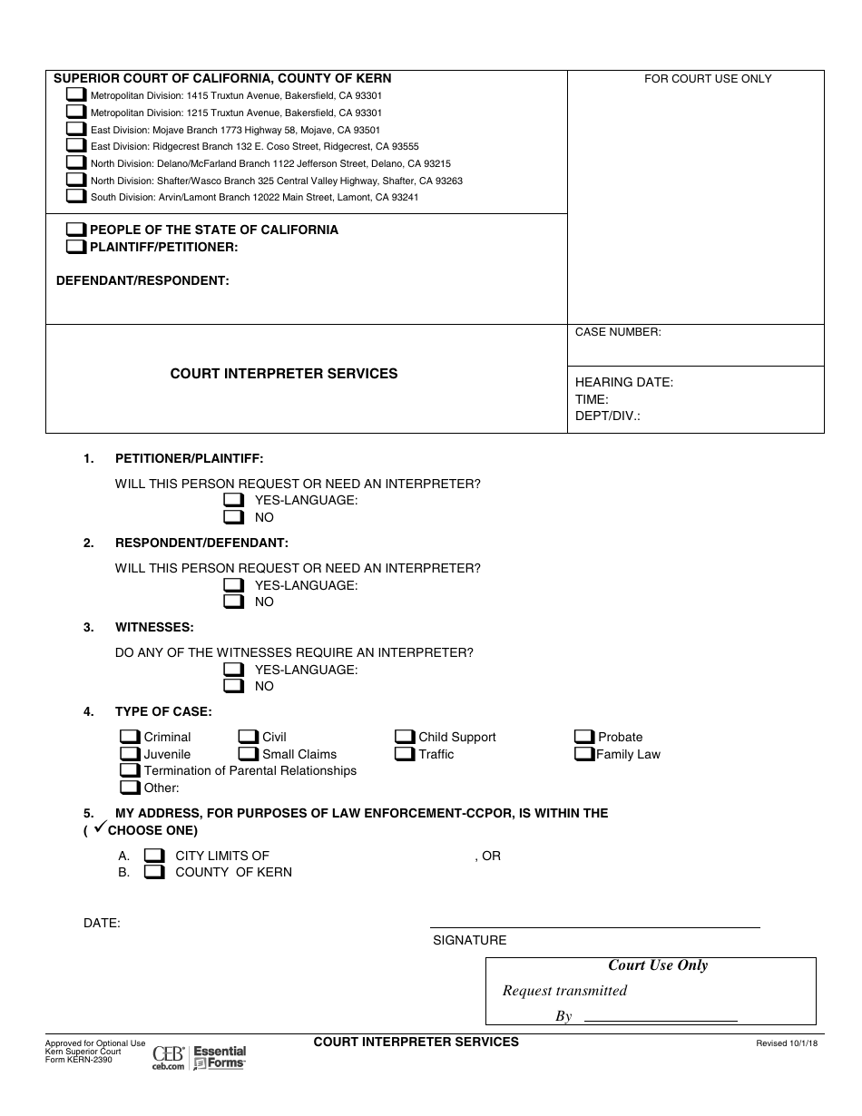 Form KERN-2390 Court Interpreter Services - County of Kern, California, Page 1