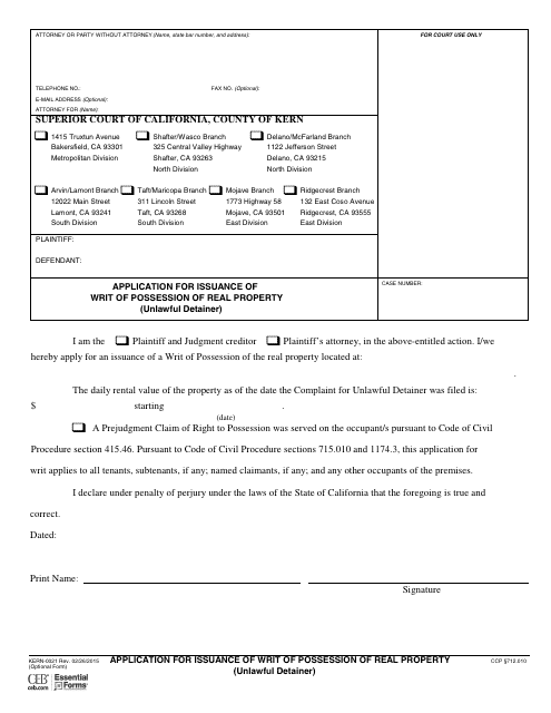 Form KERN-0021 Application for Issuance of Writ of Possession of Real Property (Unlawful Detainer) - County of Kern, California
