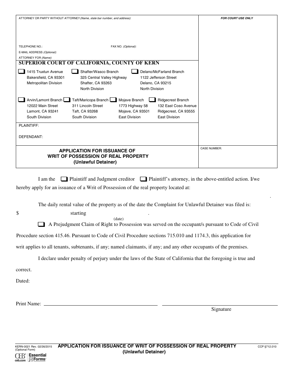 Form KERN-0021 Application for Issuance of Writ of Possession of Real Property (Unlawful Detainer) - County of Kern, California, Page 1