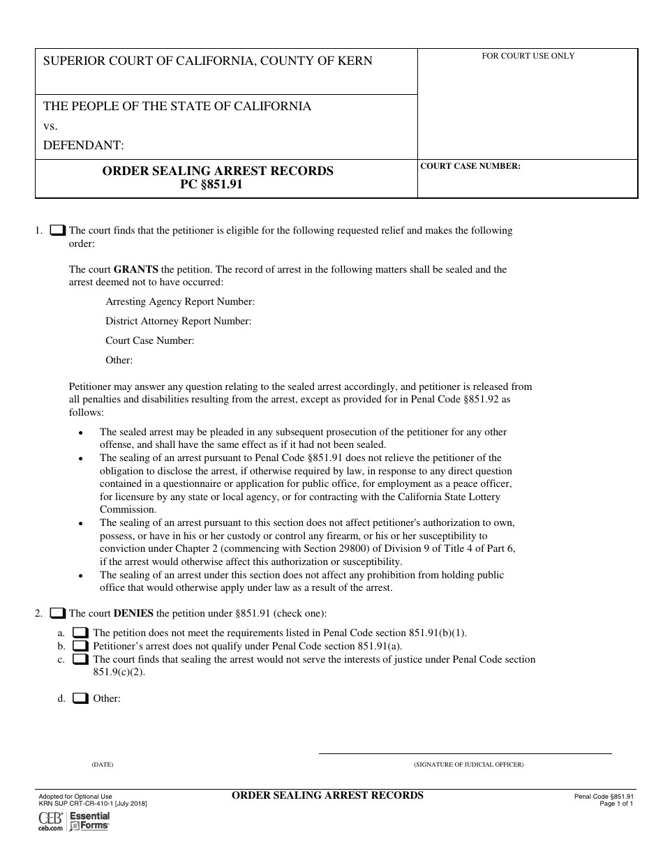 Form CR-410-1 Order Sealing Arrest Records - Conty of Kern, California, Page 1