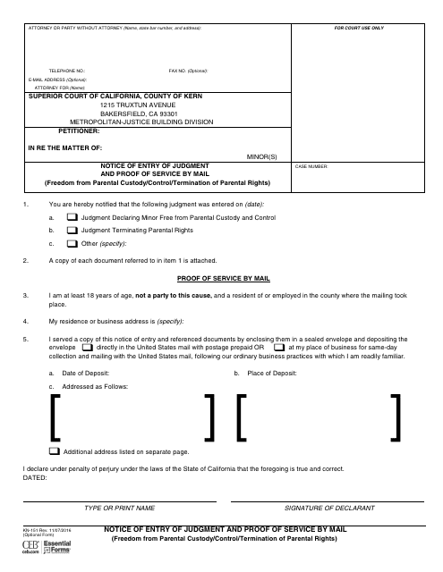 Form KN-151 Notice of Entry of Judgment and Proof of Service by Mail (Freedom From Parental Custody/Control/Termination of Parental Rights) - County of Kern, California