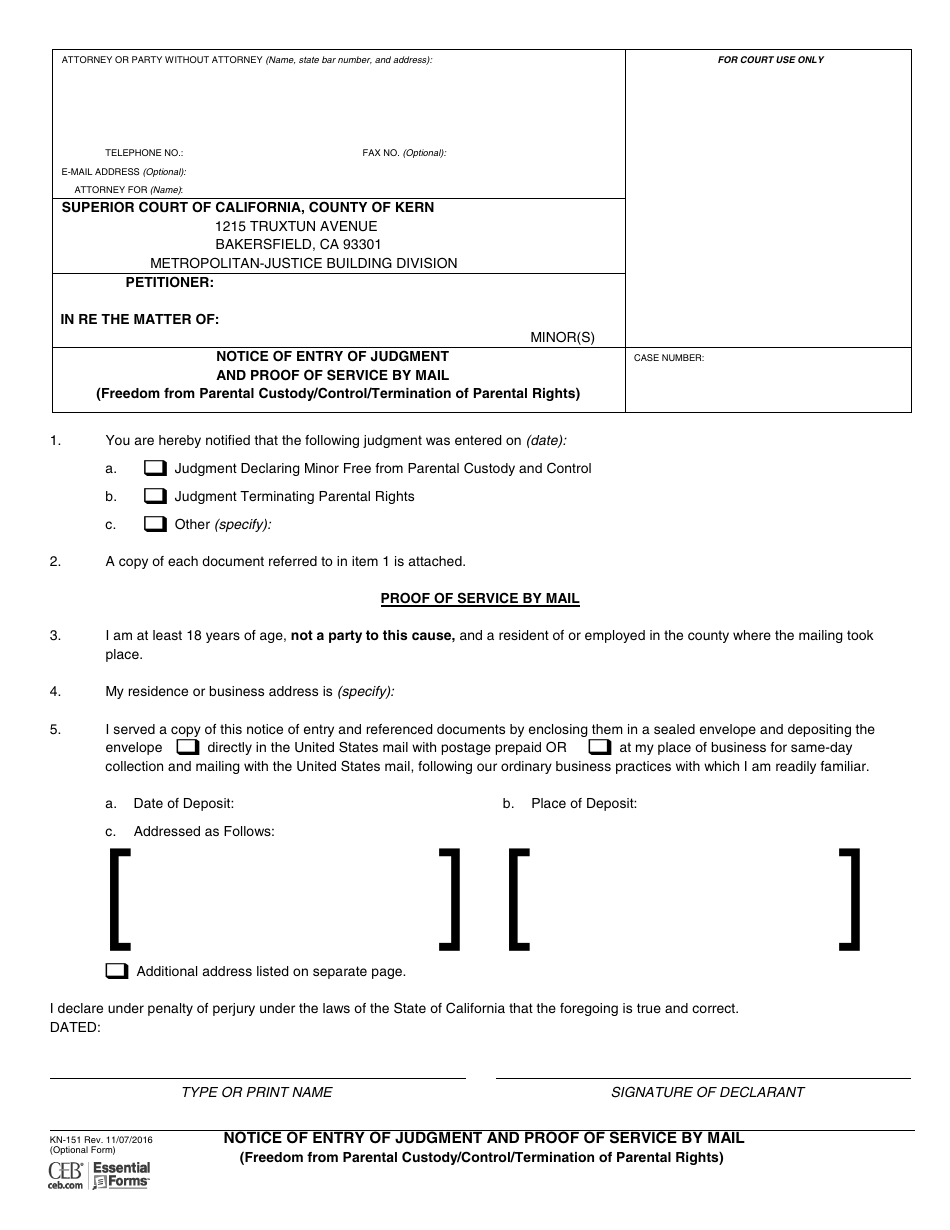 Form KN-151 Notice of Entry of Judgment and Proof of Service by Mail (Freedom From Parental Custody / Control / Termination of Parental Rights) - County of Kern, California, Page 1