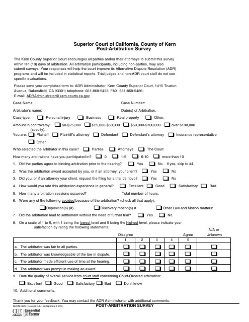 Form KERN-0022 Post-arbitration Survey - County of Kern, California