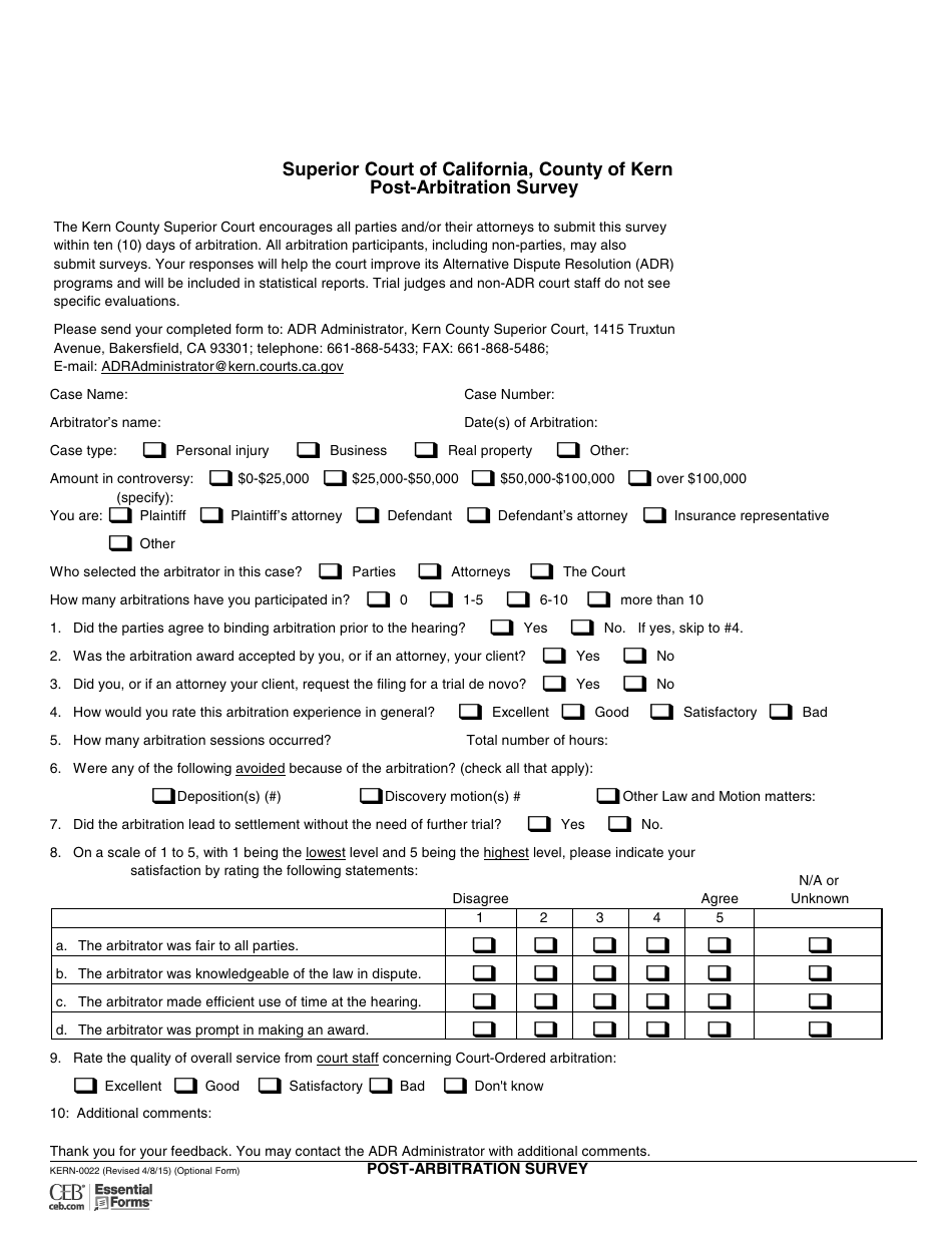 Form KERN-0022 Post-arbitration Survey - County of Kern, California, Page 1