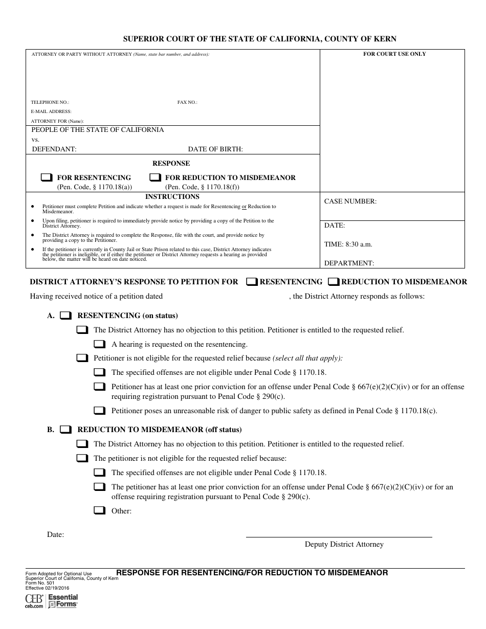 Form 501 Response for Resentencing / For Reduction to Misdemeanor - County of Kern, California, Page 1