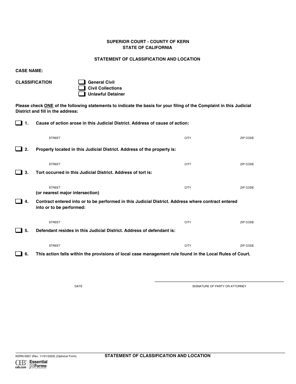 Form KERN-0007 Statement of Classification and Location - County of Kern, California, Page 1