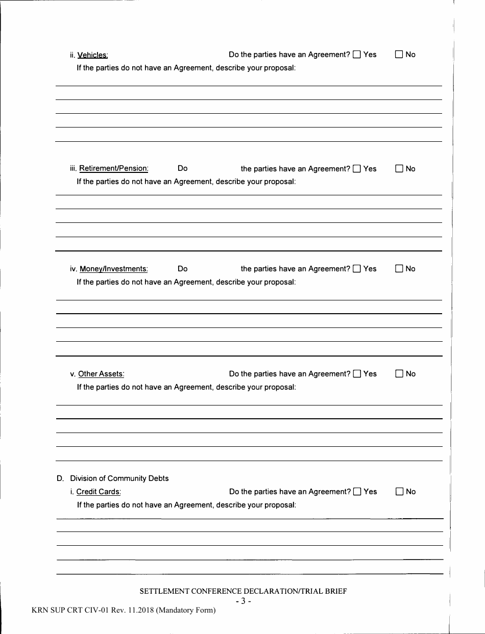 Form KRN SUP CRT CIV-01 Settlement Conference Statement / Trial Brief - County of Kern, California, Page 3