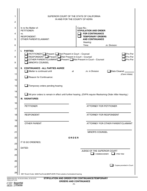 Form KERN-0024 Stipulation and Order for Continuance/Temporary Orders and Continuance - County of Kern, California