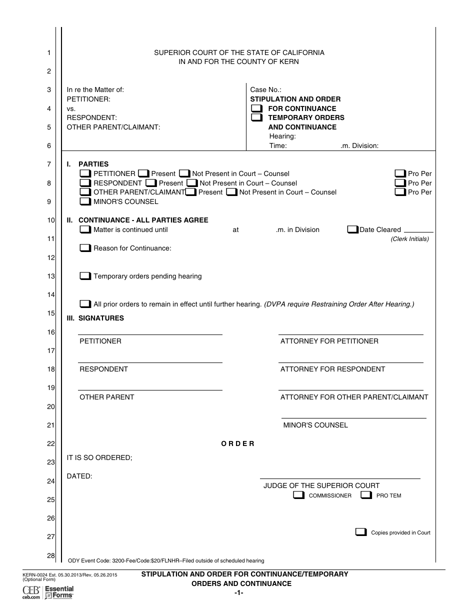 Form KERN-0024 Stipulation and Order for Continuance / Temporary Orders and Continuance - County of Kern, California, Page 1