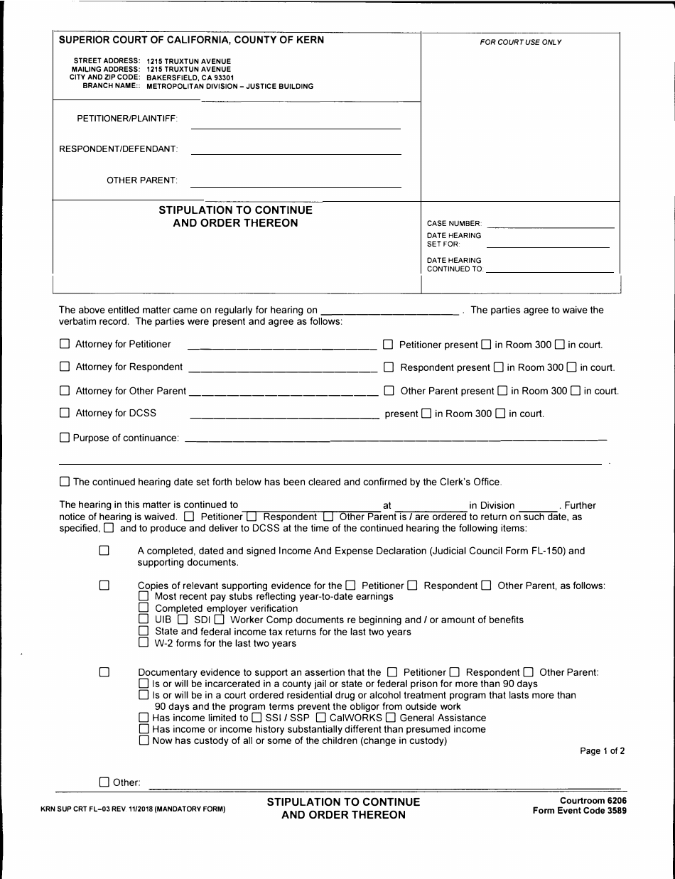 Form KRN SUP CRT FL-03 Stipulation to Continue and Order Thereon - County of Kern, California, Page 1