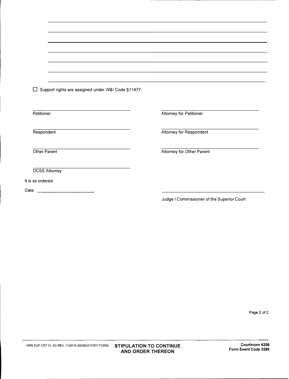 Form KRN SUP CRT FL-03 Stipulation to Continue and Order Thereon - County of Kern, California, Page 2