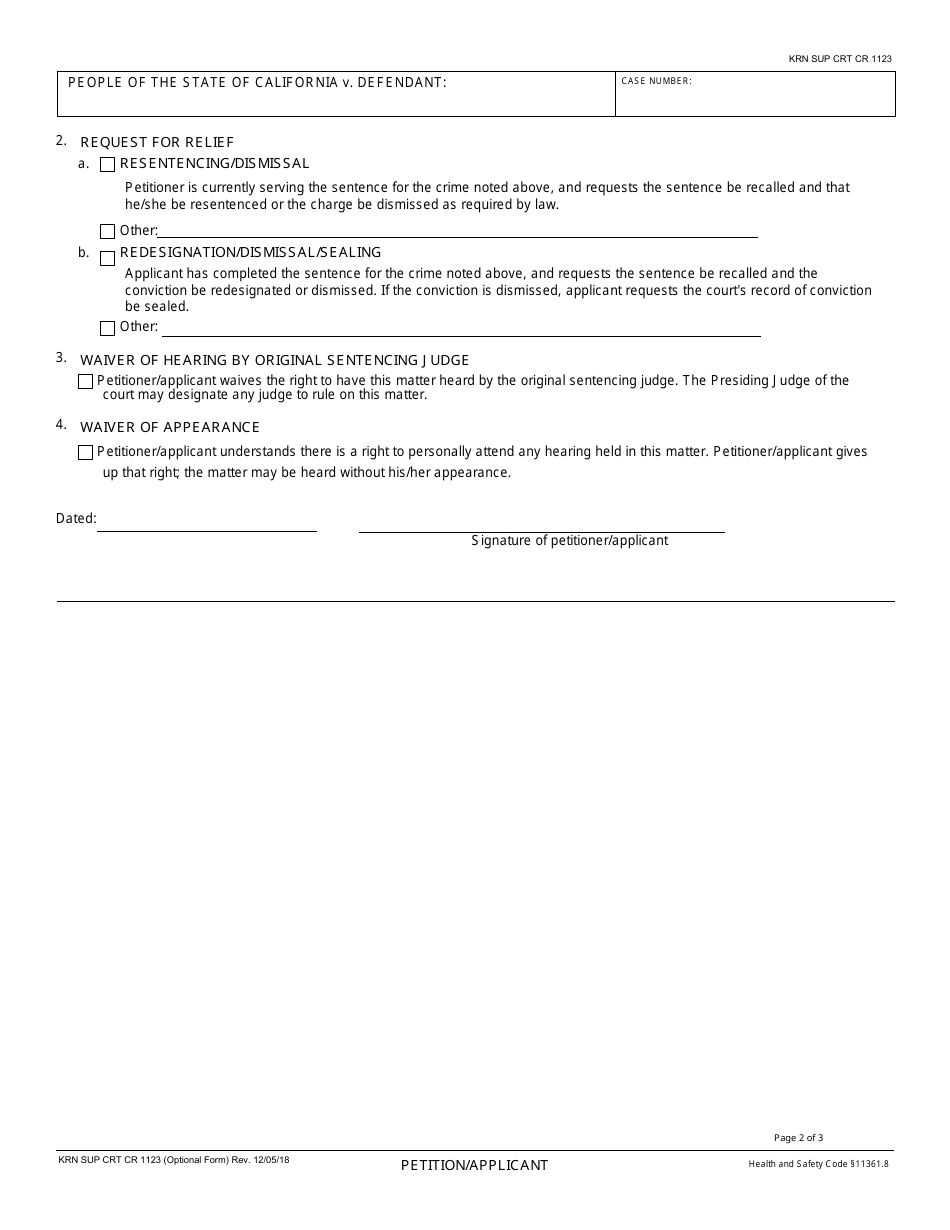 Form Sup Crt1123 Petition / Application (Health and Safety Code, 11361.8) Adult Crime(S) for Resentencing or Dismissal / Redesignation or Dismissal / Sealing - County of Kern, California, Page 2