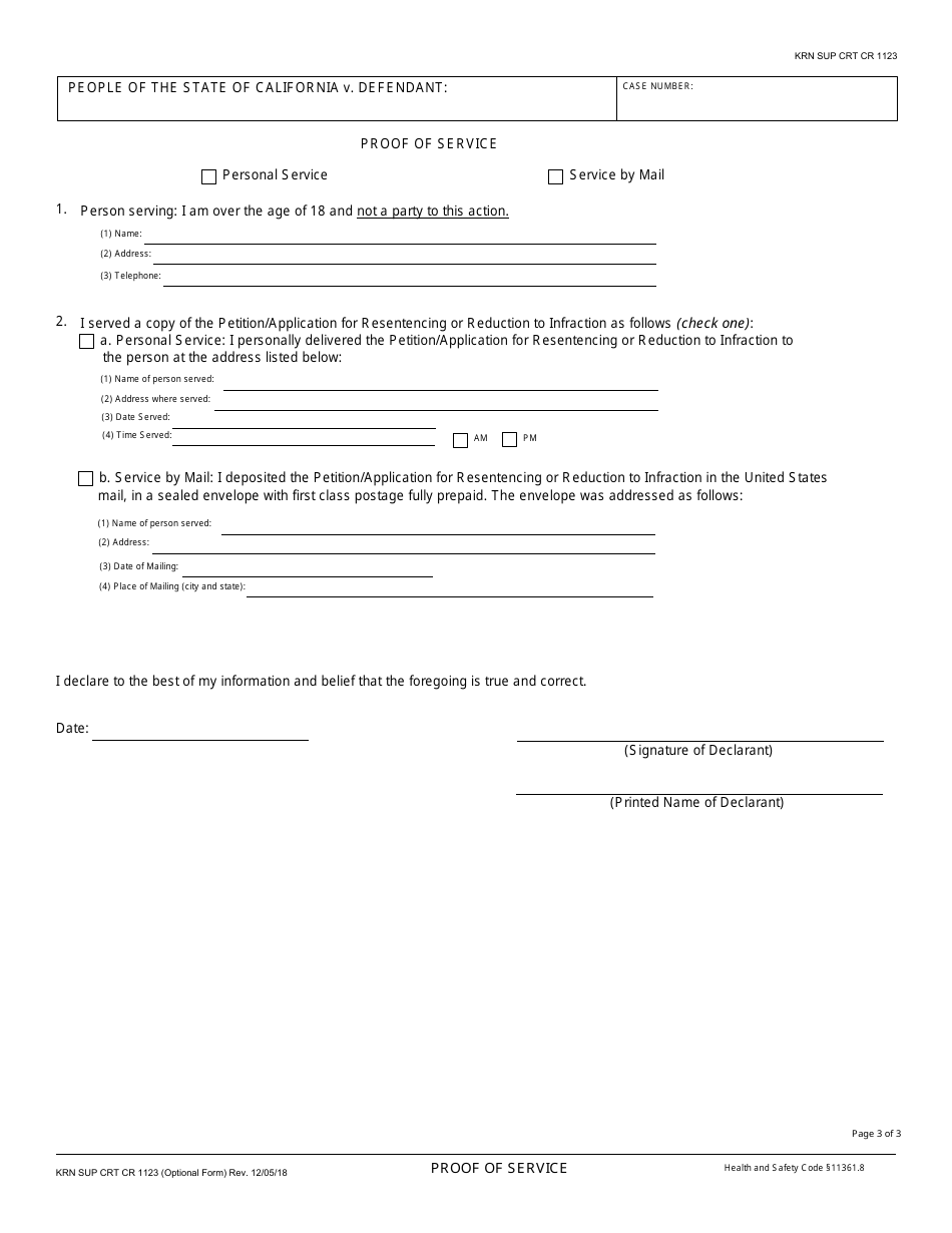 Form Sup Crt1123 Petition / Application (Health and Safety Code, 11361.8) Adult Crime(S) for Resentencing or Dismissal / Redesignation or Dismissal / Sealing - County of Kern, California, Page 3