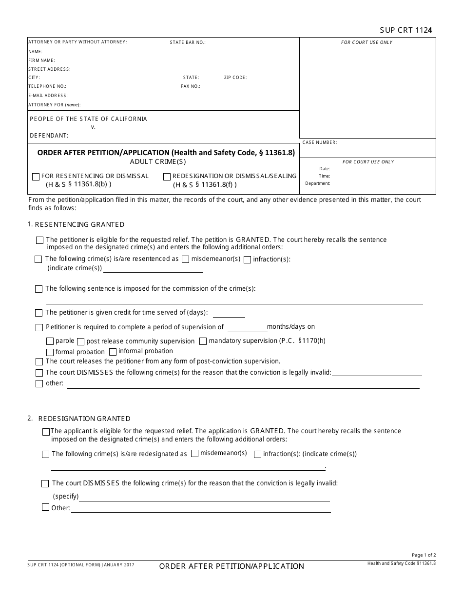 Form Sup Crt1124 Order After Petition / Application (Health and Safety Code, 11361.8) Adult Crime(S) - County of Kern, California, Page 1