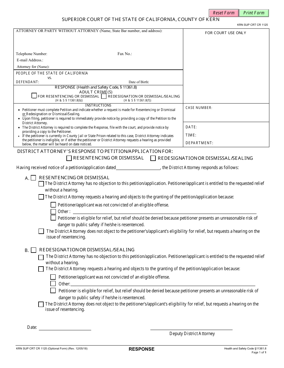 Form Sup Crt1125 Response (Health and Safety Code, 11361.8) Adult Crime(S) for Resentencing or Dismissal / Redesignation or Dismissal / Sealing - County of Kern, California, Page 1