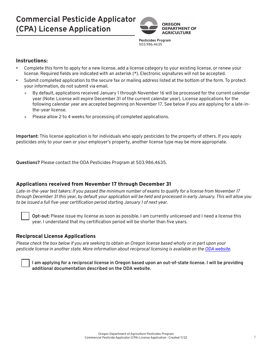 Commercial Pesticide Applicator (CPA) License Application - Oregon, Page 1