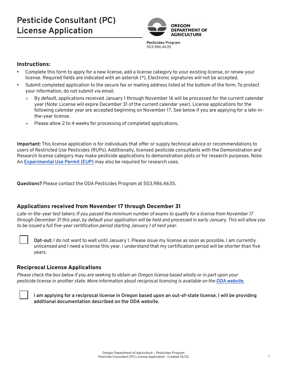 Pesticide Consultant (Pc) License Application - Oregon, Page 1