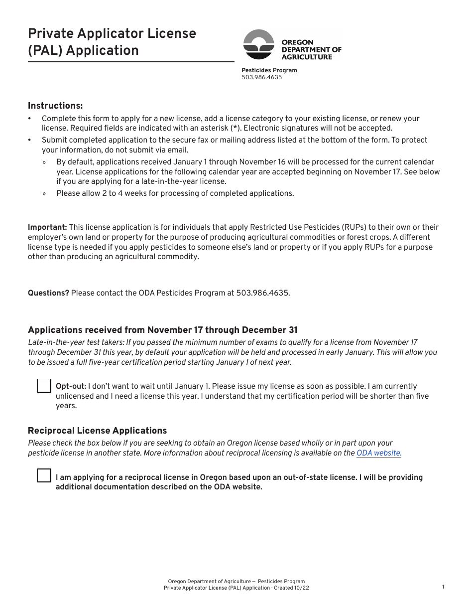 Private Applicator License (Pal) Application - Oregon, Page 1