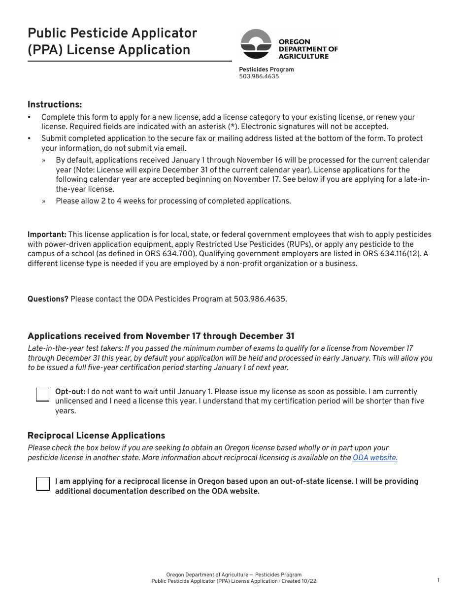 Oregon Public Pesticide Applicator (Ppa) License Application Fill Out