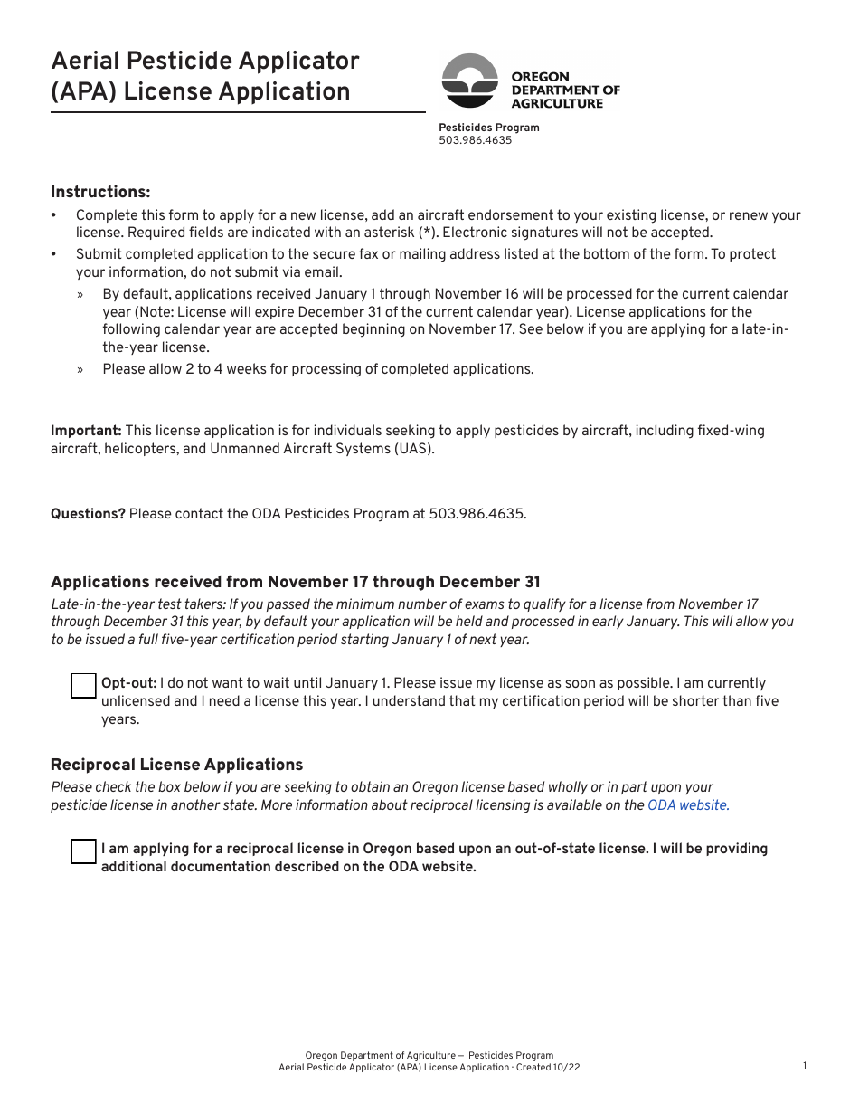 Aerial Pesticide Applicator (Apa) License Application - Oregon, Page 1