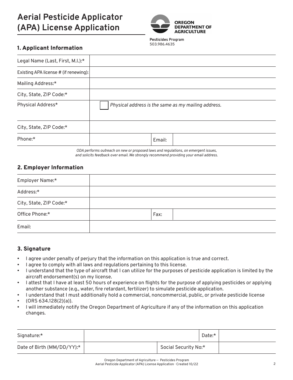 Oregon Aerial Pesticide Applicator (Apa) License Application Fill Out