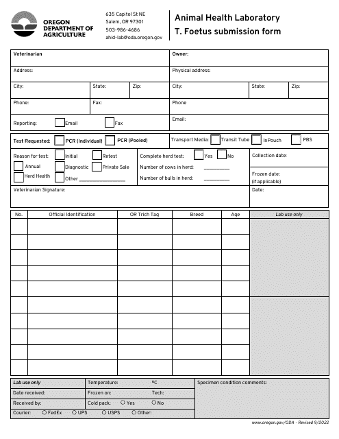 Animal Health Laboratory T. Foetus Submission Form - Oregon Download Pdf