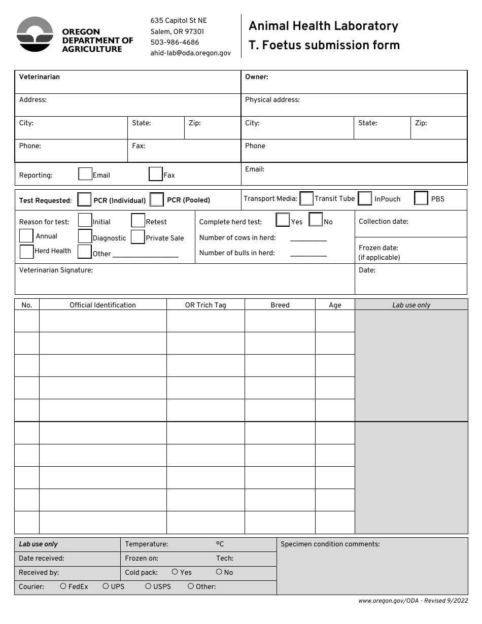 Oregon Animal Health Laboratory T. Foetus Submission Form - Fill Out ...