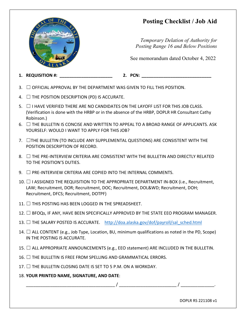 Posting Checklist / Job Aid - Alaska, Page 1