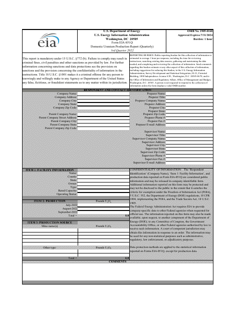 Form EIA-851Q 2022 Printable Pdf