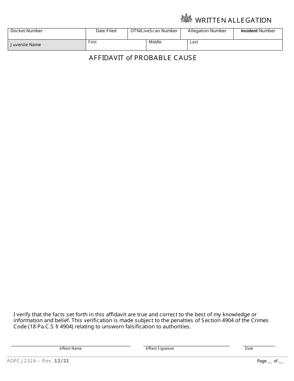 Form AOPC J232A Written Allegation - Pennsylvania, Page 1