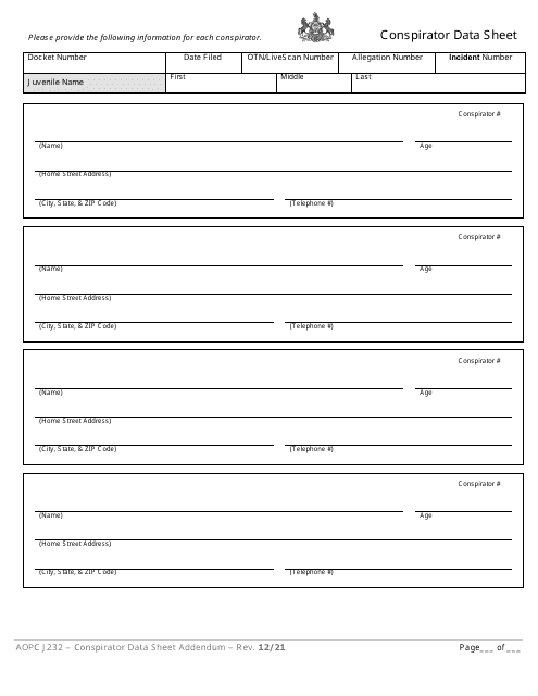 Form AOPC J232 Conspirator Data Sheet Addendum - Pennsylvania