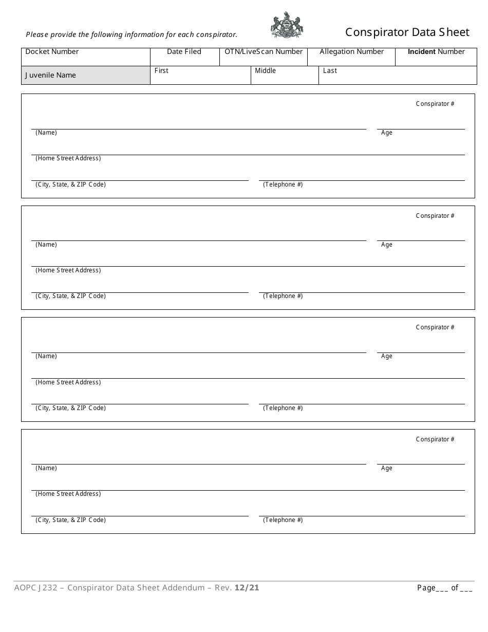 Form AOPC J232 Conspirator Data Sheet Addendum - Pennsylvania, Page 1