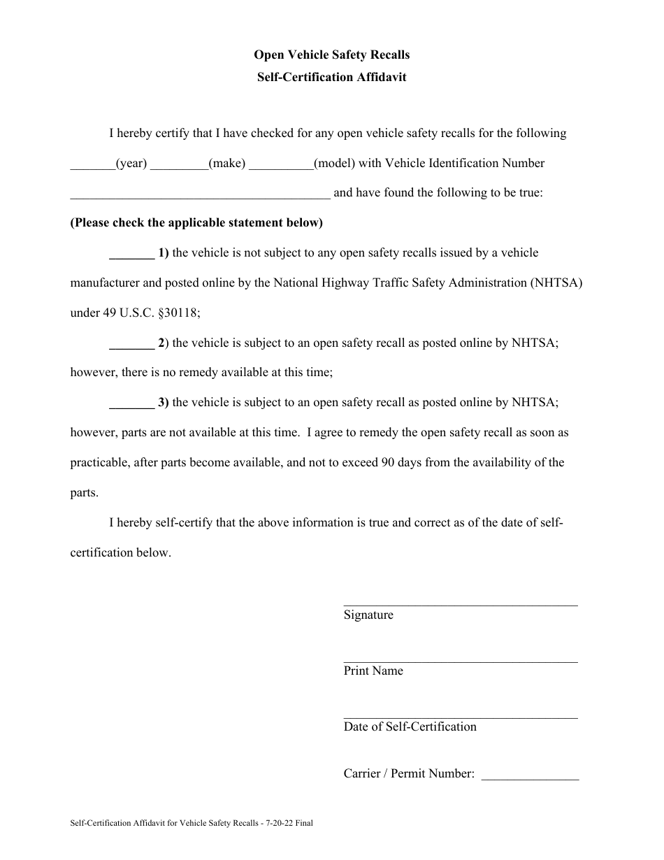 Open Vehicle Safety Recalls Self-certification Affidavit - Maryland, Page 2