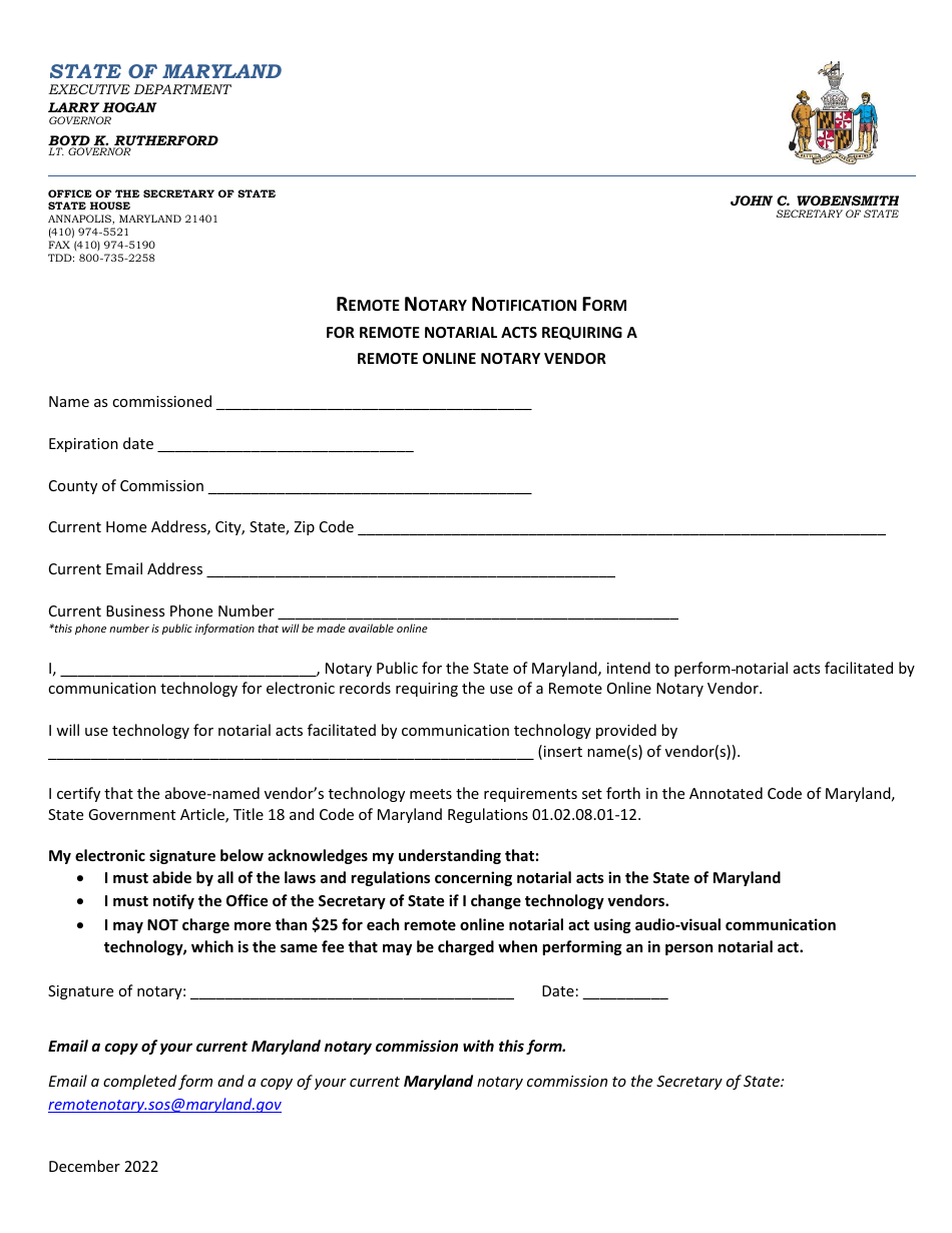 Remote Notary Notification Form for Remote Notarial Acts Requiring a Remote Online Notary Vendor - Maryland, Page 1