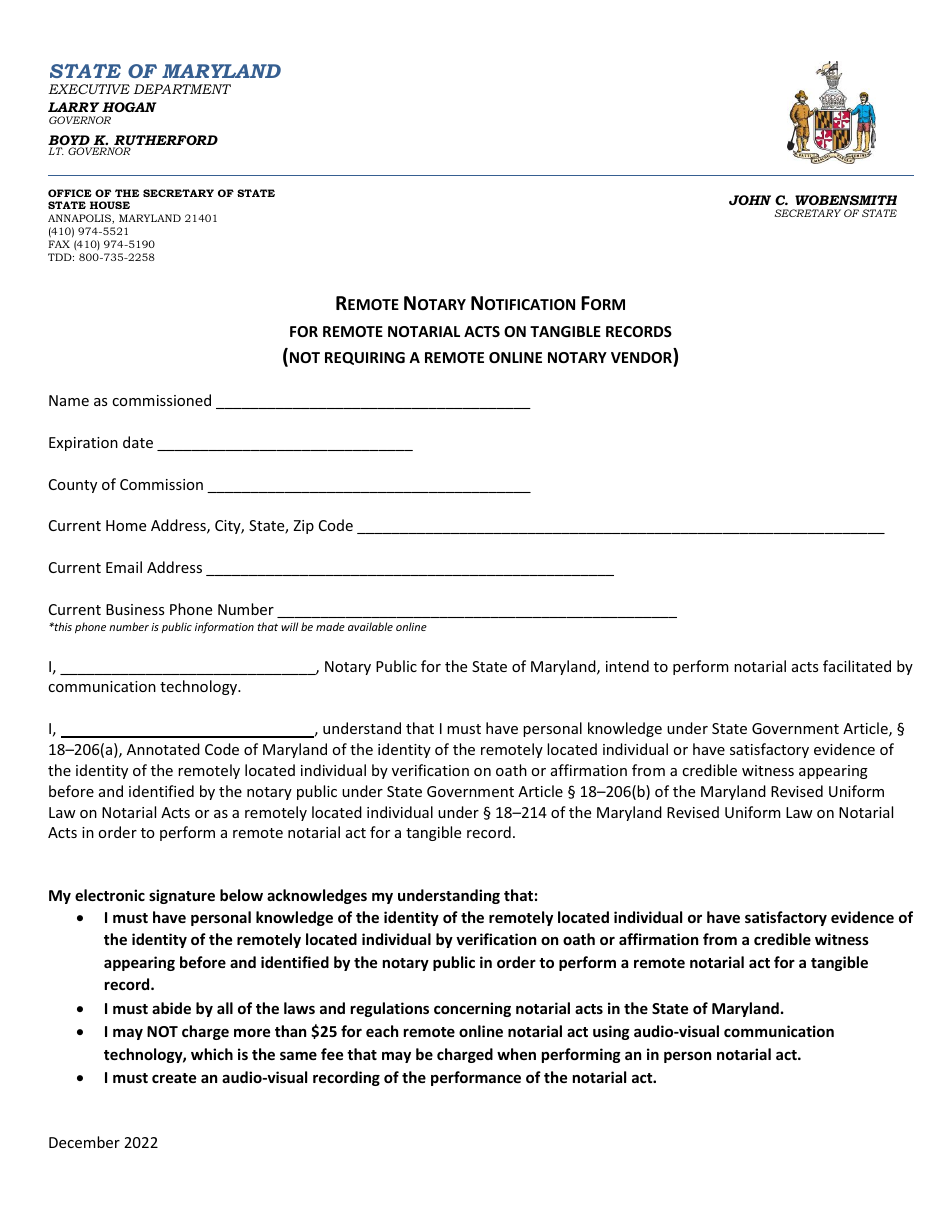 Remote Notary Notification Form for Remote Notarial Acts on Tangible Records (Not Requiring a Remote Online Notary Vendor) - Maryland, Page 1