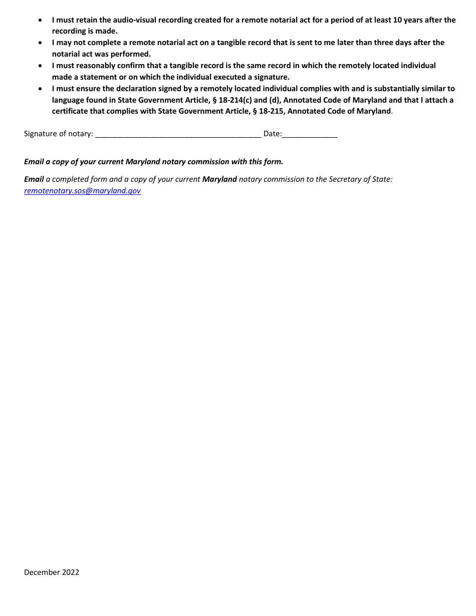 Remote Notary Notification Form for Remote Notarial Acts on Tangible Records (Not Requiring a Remote Online Notary Vendor) - Maryland, Page 2