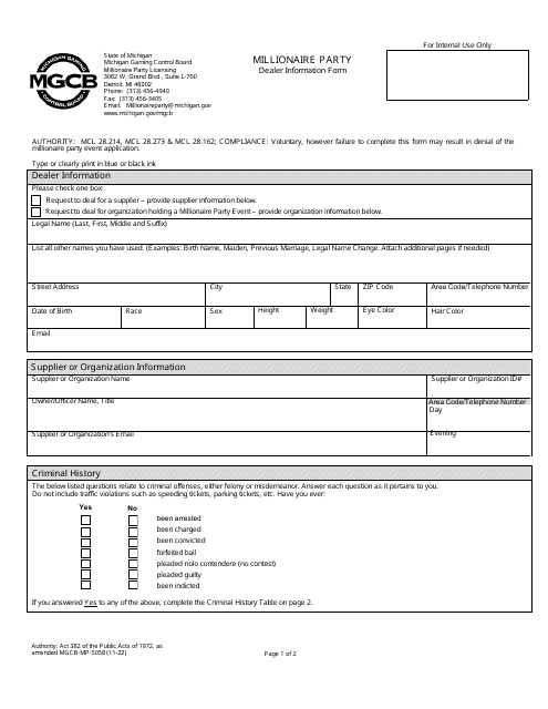 Form MGCB-MP-5058 Millionaire Party Dealer Information Form - Michigan