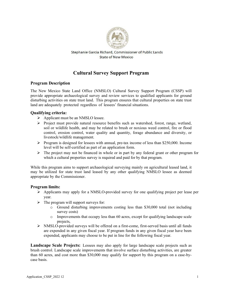 Cultural Survey Support Program Application - New Mexico, Page 1
