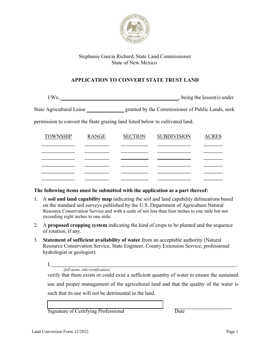 New Mexico Application to Convert State Trust Land Download Fillable