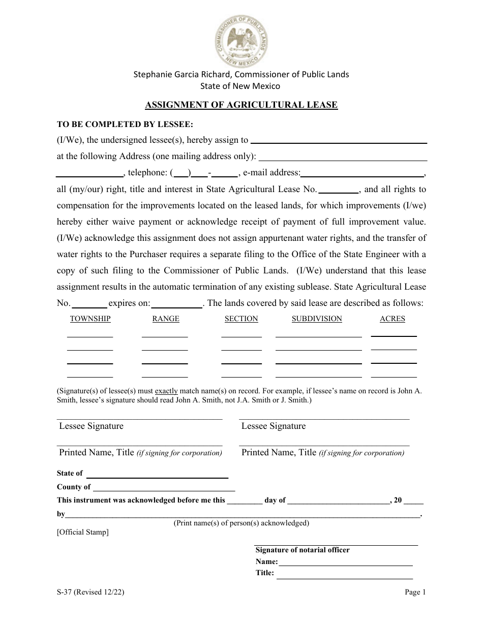 Form S-37 Assignment of Agricultural Lease - New Mexico, Page 1