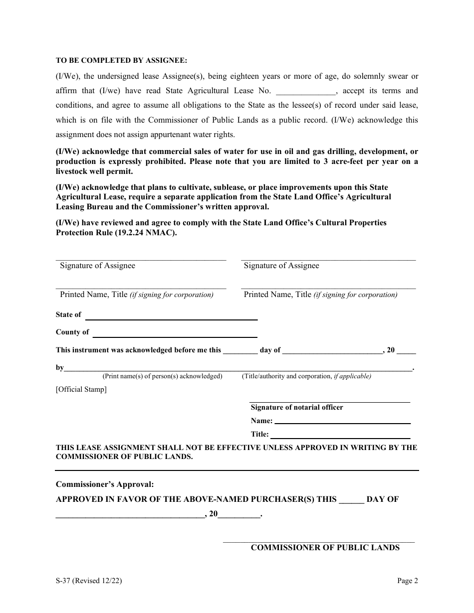 Form S-37 Assignment of Agricultural Lease - New Mexico, Page 2