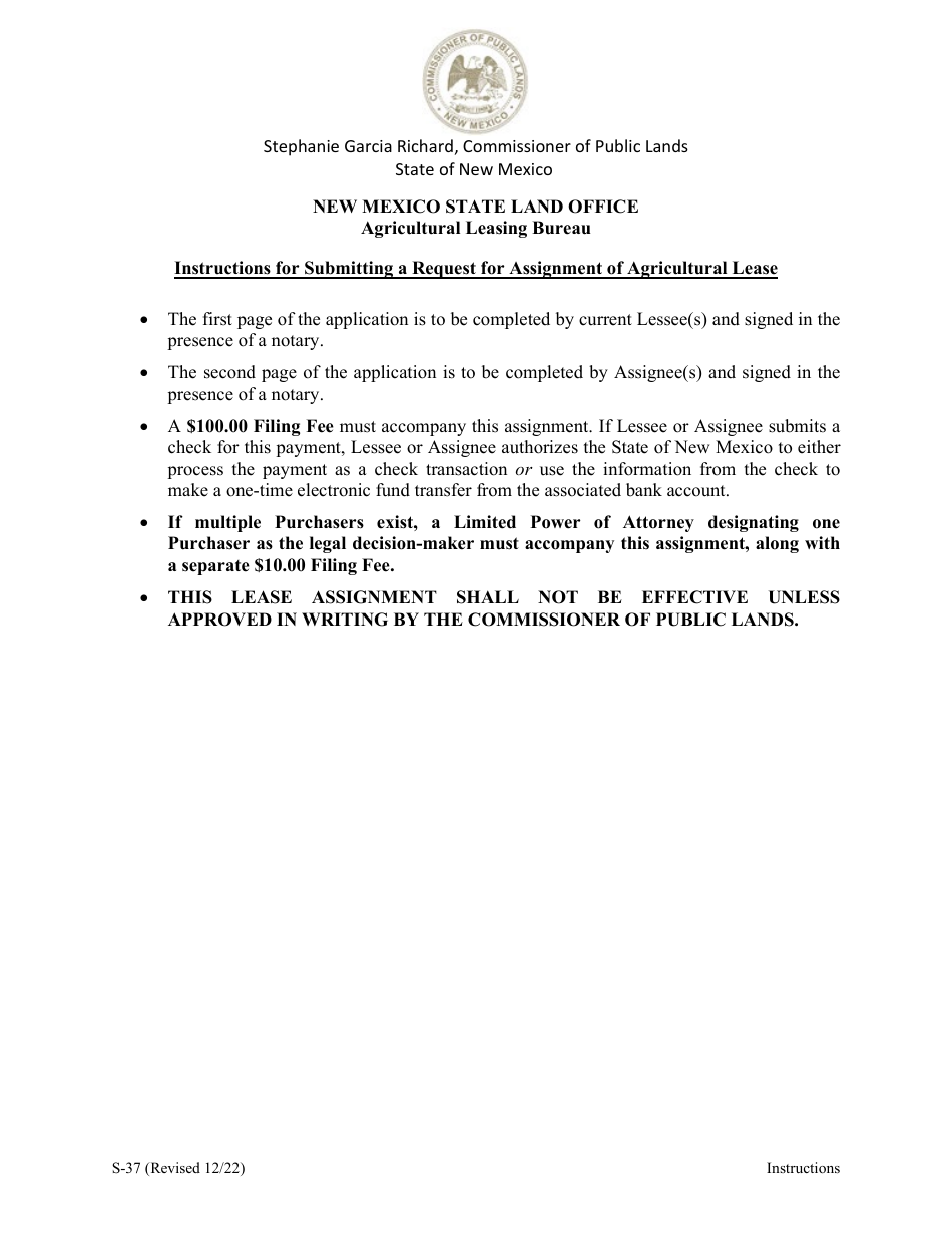 Form S-37 Assignment of Agricultural Lease - New Mexico, Page 3