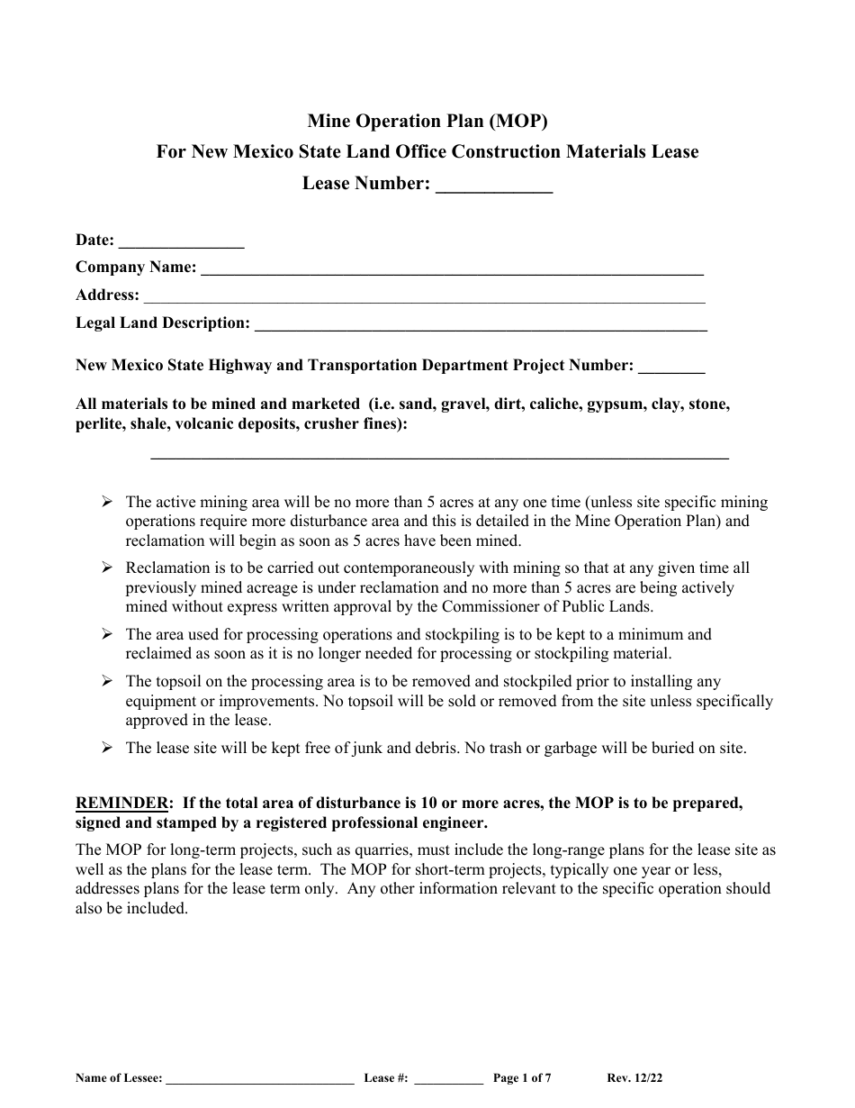 New Mexico Mine Operation Plan (Mop) for New Mexico State Land Office