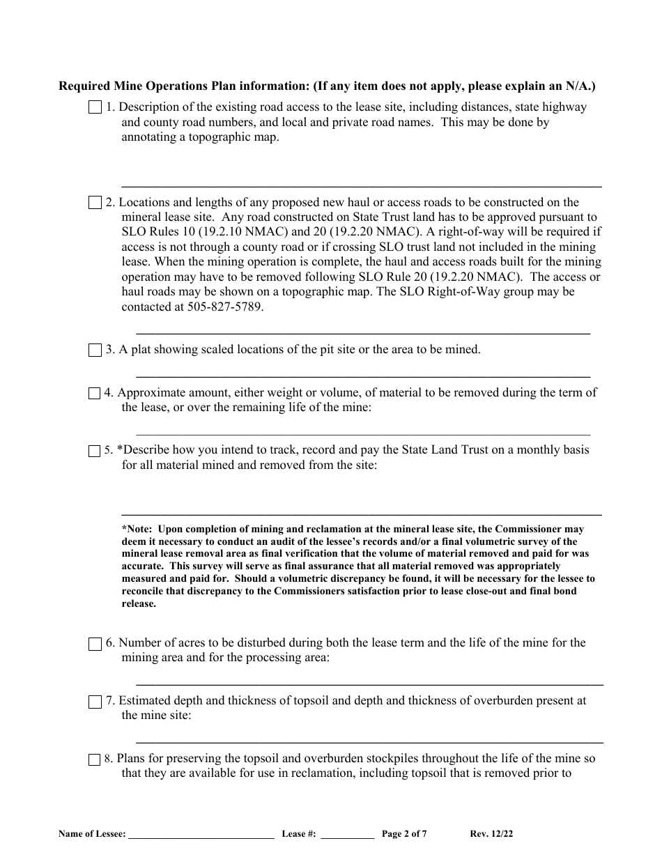 Mine Operation Plan (Mop) for New Mexico State Land Office Construction Materials Lease - New Mexico, Page 2
